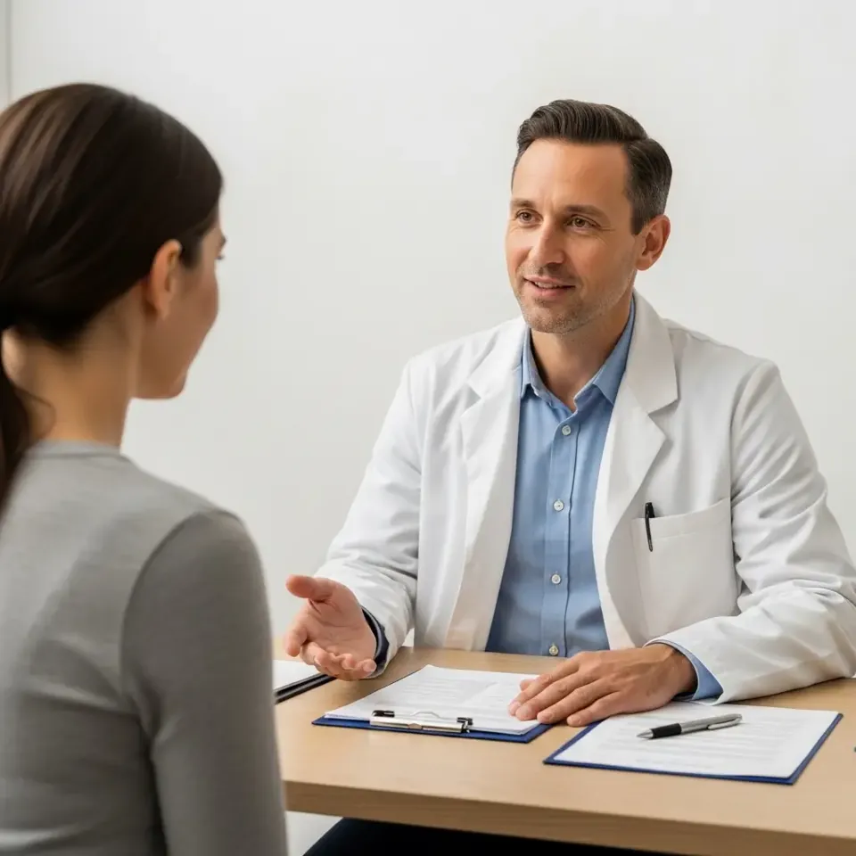 Clinician discussing a treatment plan with a patient across a desk