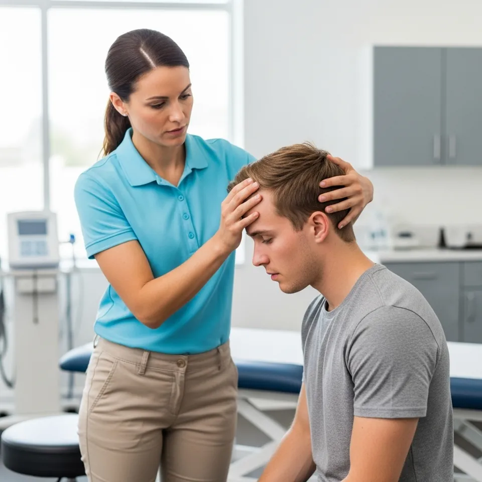 Clinician checking a patient's head and neck during a concussion assessment