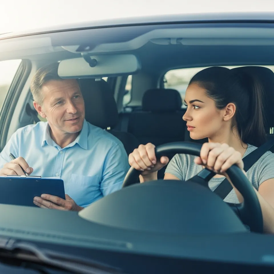 Assessor with a tablet observing a patient at the wheel of a car