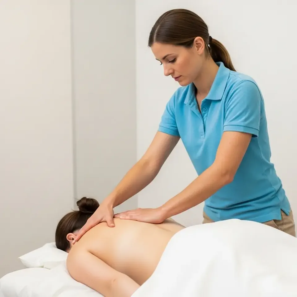 Massage therapist massaging a patient's back and shoulders