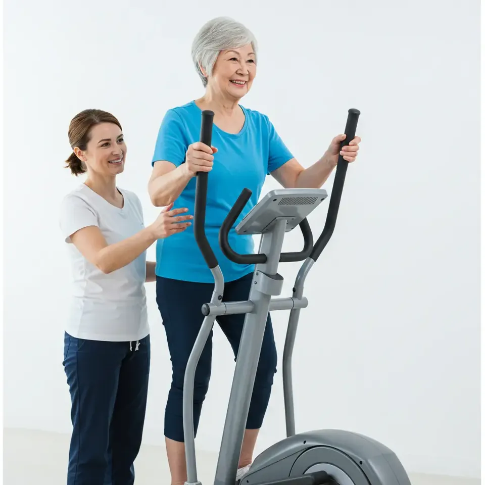 Clinician supervising a patient on an elliptical trainer