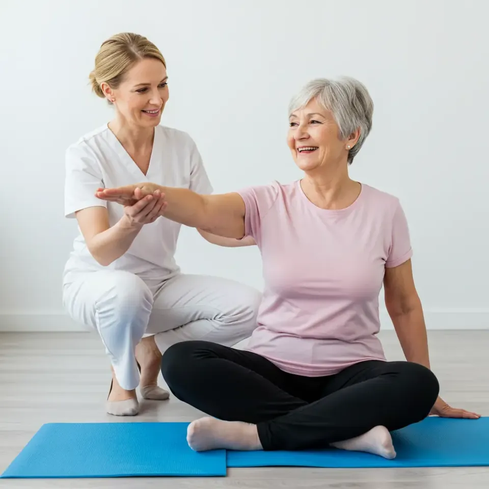 Clinician supporting a patient's arm during a floor exercise