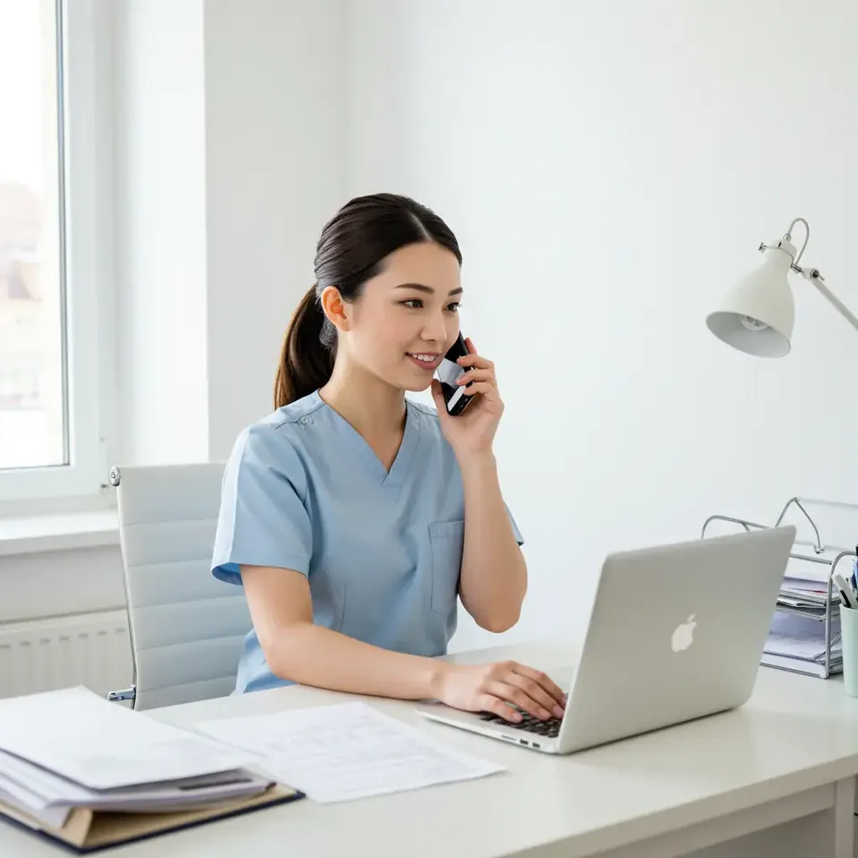 Clinic staff member on the phone at a desk with a laptop