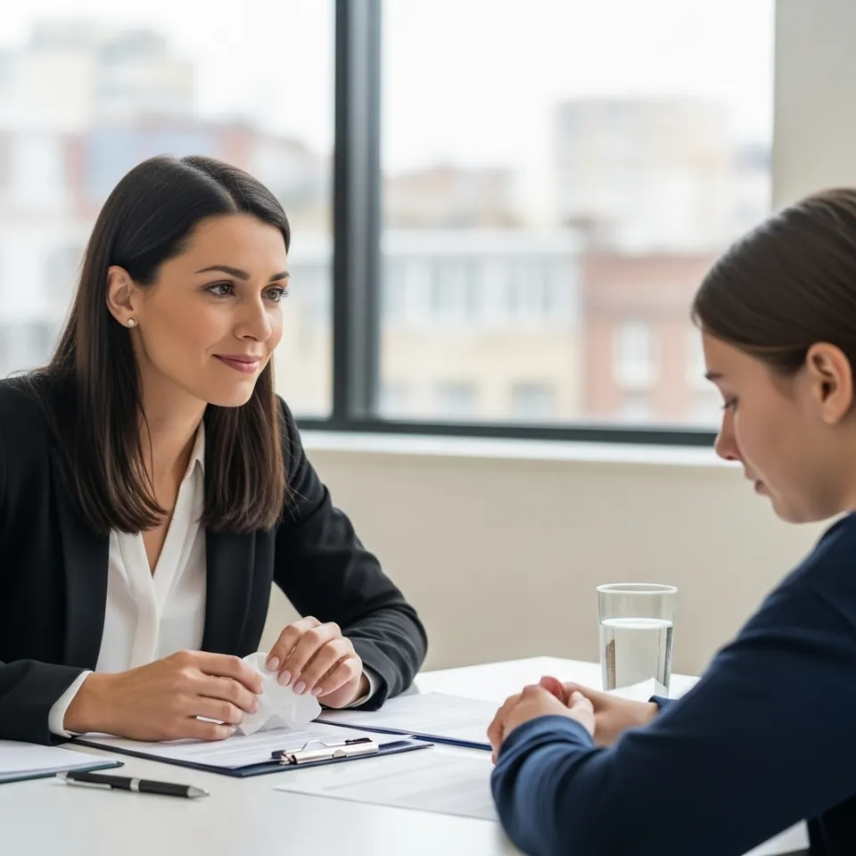 Clinician talking with a client across a desk