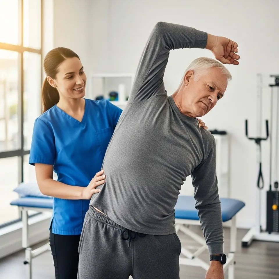Clinician guiding an older patient through a side stretch