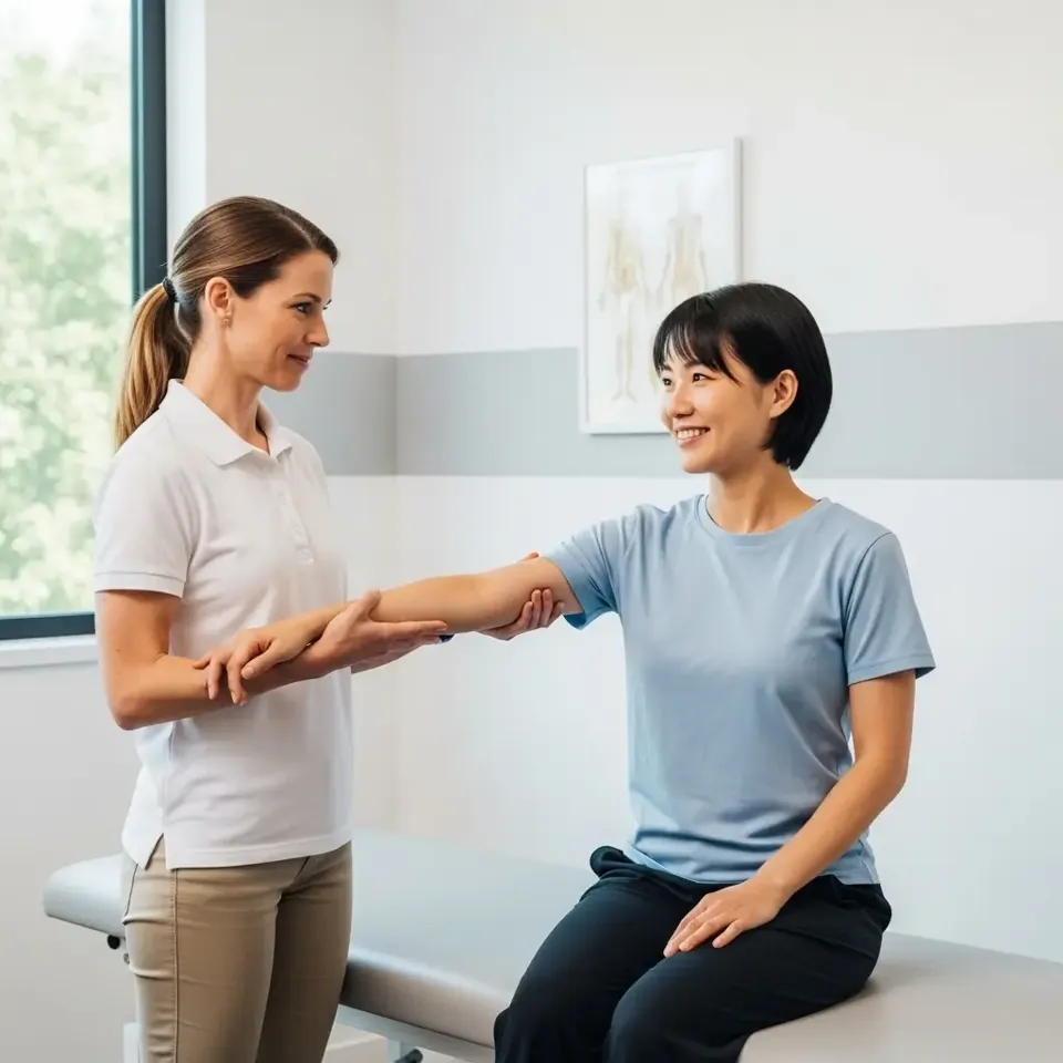 Clinician examining a patient's forearm and elbow